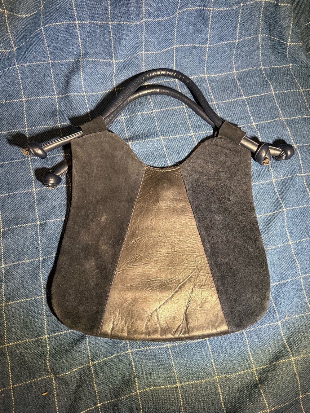 Vintage Black Suede Leather Tote Shoulder Bag Purse Top Handles‎ Boho Retro 80s
